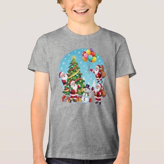 **“Multi-Santa Christmas Fun – 3D Cartoon Transpar Tri-Blend Shirt (Voorkant)