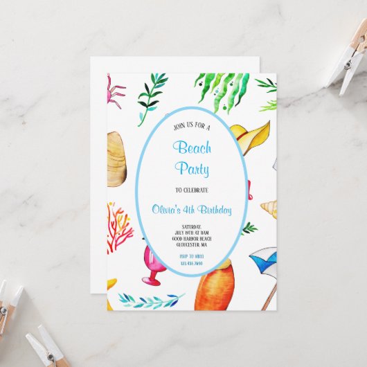 MULTICOLOR BEACH VERJAARDAG UITNODIGING (Voorkant / Achterkant in situ)