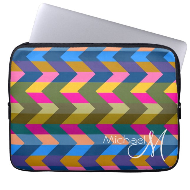 Multicolor Chevron Zigzag Custom Monogram 3 Laptop Sleeve (Voorkant)
