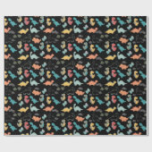 Multicolor dinosaurussen op zwarte achtergrond cadeaupapier (Vlak)