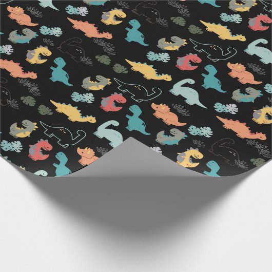 Multicolor dinosaurussen op zwarte achtergrond cadeaupapier (Hoek)