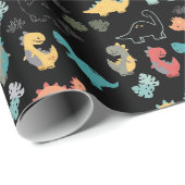 Multicolor dinosaurussen op zwarte achtergrond cadeaupapier (Rol Hoek)