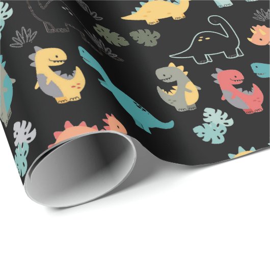 Multicolor dinosaurussen op zwarte achtergrond cadeaupapier (Rol Hoek)