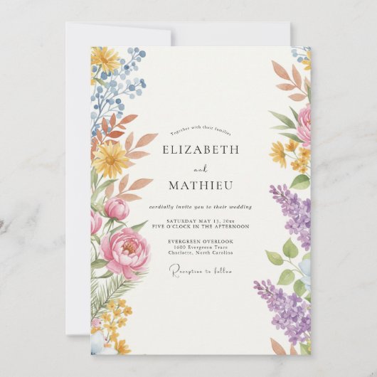 Multicolor Geschilderde Wilde Bloemen Bruiloft Kaart (Voorkant)
