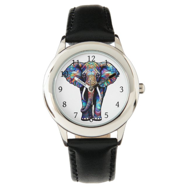 Multicolor Glas in lood Elephant 3 Horloge (Voorkant)