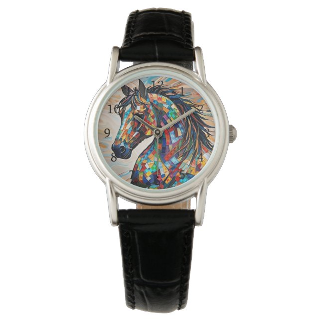 Multicolor Glas in lood Mozaïek Paard 15 Horloge (Voorkant)