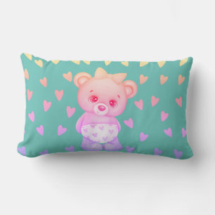 Multicolor Heart Print Teddy Bear Lumbar Pillow Kussen