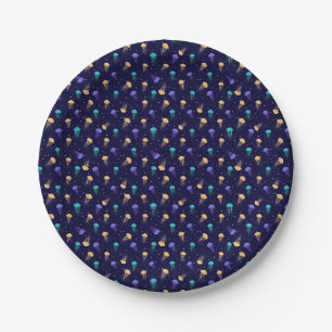 Multicolor kwallenpatroon op blauwe achtergrond papieren bordje