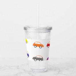 Multicolor minicars op wit acryl drinkbeker