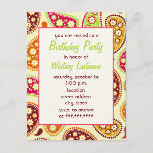 Multicolor Paisley Birthday Party Invitation Kaart