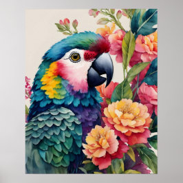 Multicolor Parrot Bloemen Waterverf Kunst Poster