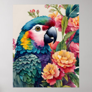 Multicolor Parrot Bloemen Waterverf Kunst Poster