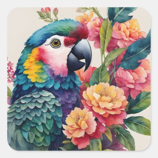 Multicolor Parrot Bloemen Waterverf Kunst Vierkante Sticker (Voorkant)