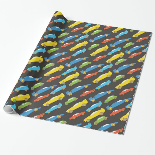 Multicolor Race Cars op Black Cadeaupapier (Uitgerold)