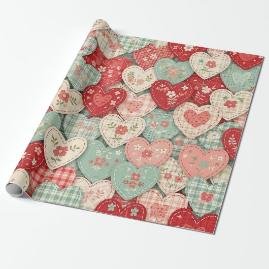 Multicolor Rustic Hart Quiltblok Cadeaupapier (Uitgerold)