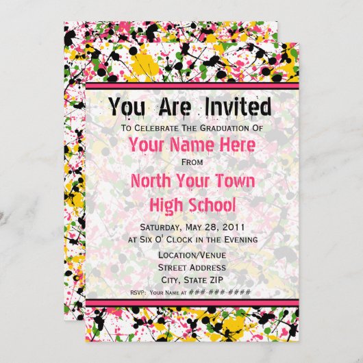 Multicolor Splatter Afstuderen Invitation - 2011 Kaart (Voorkant / Achterkant)