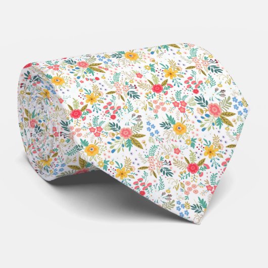 Multicolor spring floral pattern white background stropdas (Opgerold)