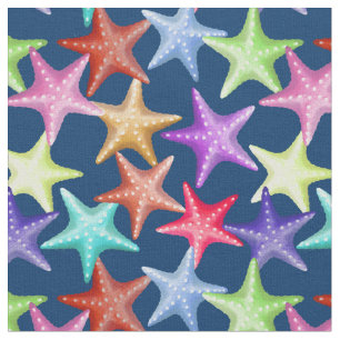 Multicolor Starfish Nautical Summer Beach on Blue Stof