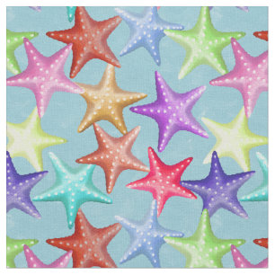 Multicolor Starfish Nautical Summer Beach on Blue Stof