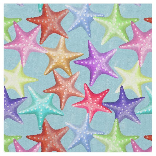 Multicolor Starfish Nautical Summer Beach on Blue Stof (Close Up)
