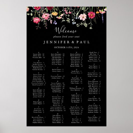 Multicolor Wildflower Alfabetische Zitting Grafiek Poster (Voorkant)