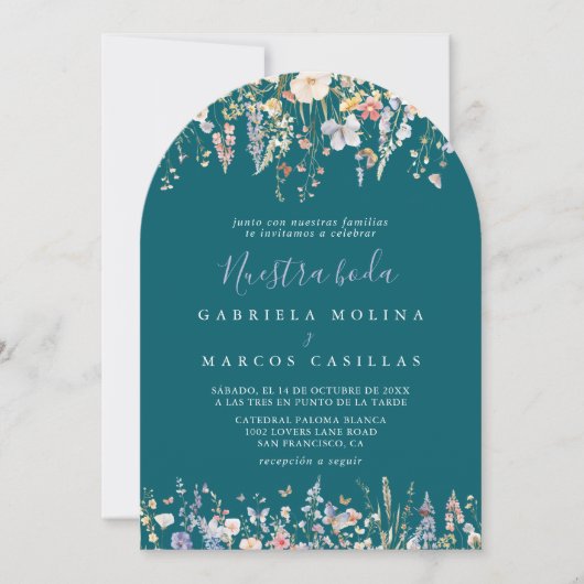 Multicolor Wildflower Green Nuestra Boda Wedding Kaart (Voorkant)