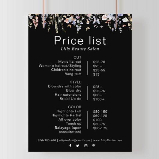 Multicolor Wildflower Schoonheidssalon prijslijst