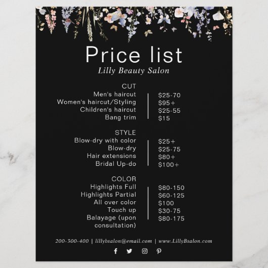 Multicolor Wildflower Schoonheidssalon prijslijst (Voorkant)