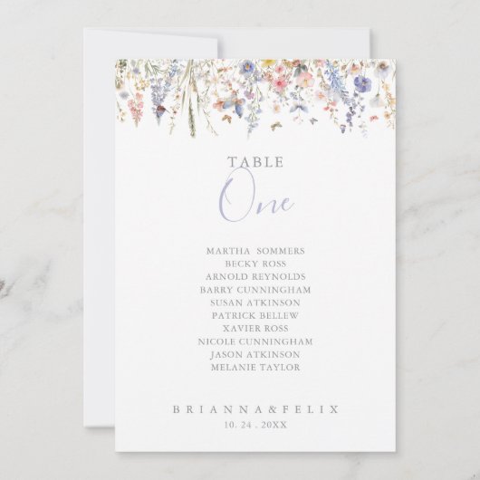 Multicolor Wildflower Tafel Nummer 1 Zitplaatskaar Kaart (Achterkant)