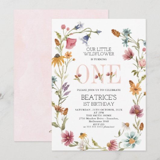 Multicolor Wildflower Wreatls First Birthday Kaart (Voorkant / Achterkant)