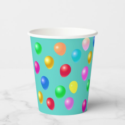 Multicolore feestballonnen op Blauwgroen Papieren Bekers (Achterkant)