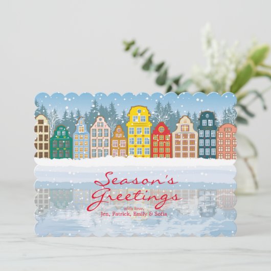 Multicolore kerststad feestdagenkaart (Staand voorkant)