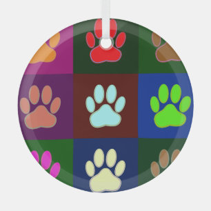 Multicolored Dog Paw Print Pattern Glas Ornament