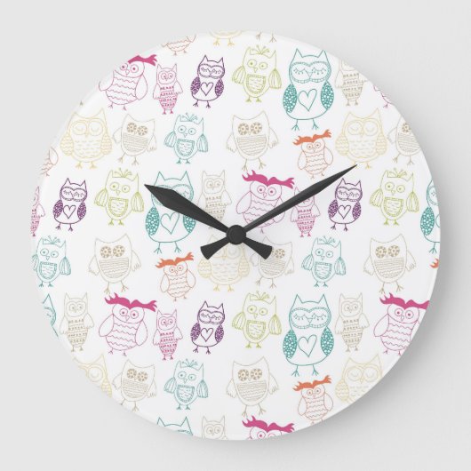 Multicolored Doodle Owls Grote Klok (Voorkant)