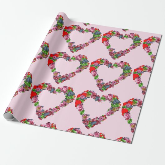  Multicolored Flowers Hart op roze Cadeaupapier (Uitgerold)