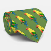 Multicolored Parrot Bird Pattern on Olive Green Stropdas (Opgerold)