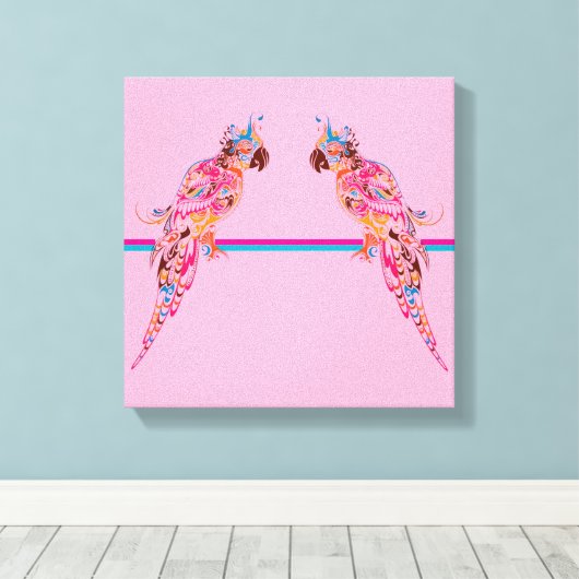 Multicolored Parrots on Pink Canvas Print (Insitu (Houten vloer))