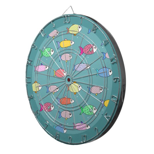 Multicolored vis op Blauwgroen Dartbord (Voorkant Rechts)