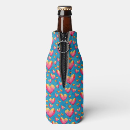 Multicolored Waterverf Hearts Bottle Cooler (Fles Achterkant)