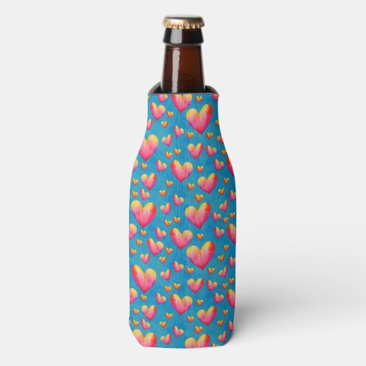 Multicolored Waterverf Hearts Bottle Cooler (Fles Voorkant)