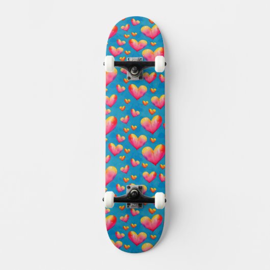 Multicolored Waterverf Hearts Skateboard (Voorkant)