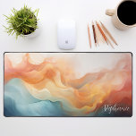 Multicolour Abstracte Liquid Waves Gepersonaliseer Bureaumat<br><div class="desc">Introductie van onze gepersonaliseerde veelkleurige vloeibare golven mat. Een abstract ensemble van sinaasappel, crème en blauwe tinten vormt een boeiend patroon van vloeistofgolven, waardoor een visueel aantrekkelijk display ontstaat. Personaliseer dit stuk met jouw naam voor een werkelijk unieke aanvulling op uw werkruimte. De rustgevende tonen vloeien naadloos samen en creëren...</div>