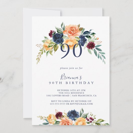 Multicolour Elegant Bloemen 90ste Verjaardagsfeest Kaart (Voorkant)