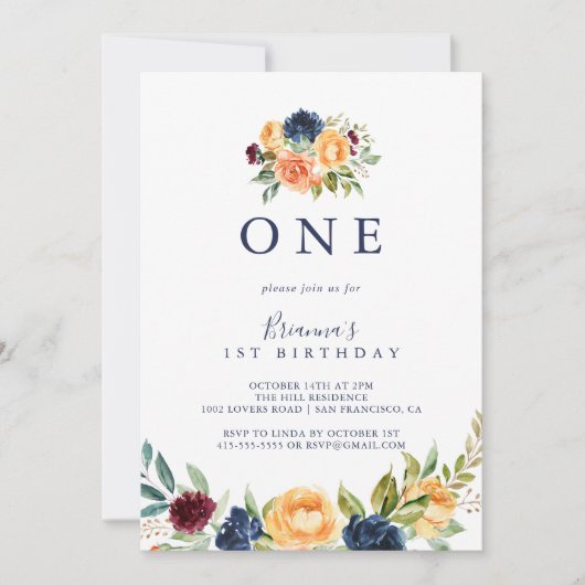 Multicolour Elegant Bloemen Eerste Verjaardagsfees Kaart (Voorkant)