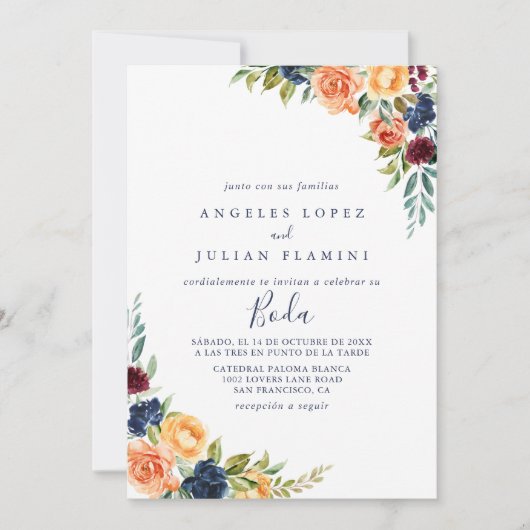 Multicolour Elegant Bloemen Spaans Bruiloft Kaart (Voorkant)