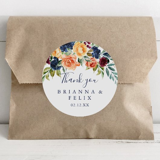 Multicolour Elegante Bloemen Dank u Trouwgunst Ronde Sticker