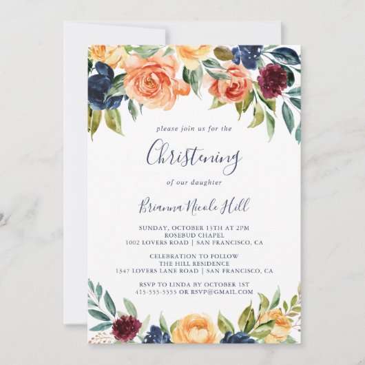 Multicolour Elegante Bloemen doopuitnodiging Kaart (Voorkant)