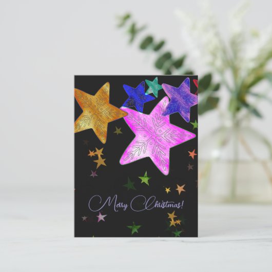 Multicolour glanzende sterren- Vrolijk Kerstfeest! Briefkaart (Staand voorkant)