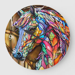 Multicolour Glas in lood Mozaïek Stijl Paard 14 Grote Klok