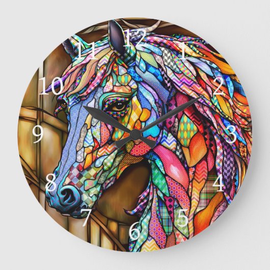 Multicolour Glas in lood Mozaïek Stijl Paard 14 Grote Klok (Voorkant)